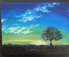 アクリル画　風景画 　にじむ朝　空