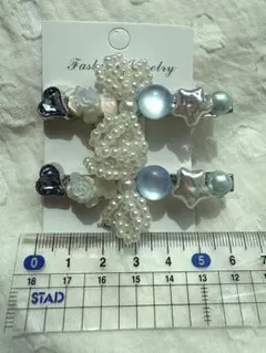 小粒パールのリボン、星型モチーフ可愛らしいブルー系のヘアピン 2点セット