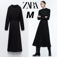 ZARA コントラストプリーツ ミディワンピース ブラック M ドッキング