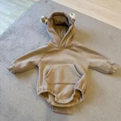 フード付きベージュクマさん風着ぐるみ、カバーオール70-80