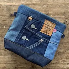 vol.1061 usedデニムリメイク　ポーチ20cm 2way