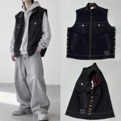 90s デニムベスト レザー ニット 切替 オーバーサイズ Hip Hop