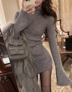 ハイネック リブニット ロングワンピース グレー