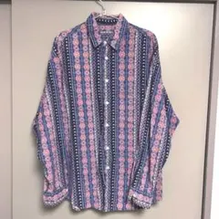ピンク・ネイビー 柄シャツ 古着 長袖シャツ