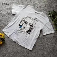 ZARA ザラ Tシャツ S 白 黒 半袖 パリス 顔プリント コットンのサムネイル