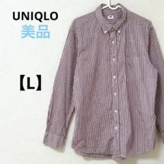 美品　ユニクロ【L】長袖ワイシャツ　ストライプ　レッド　コットン100% 薄手