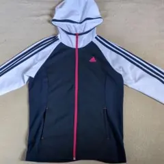 adidas フード付きジャージ 黒/白/ピンク