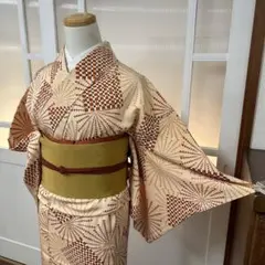 小紋　単衣　正絹　幾何学模様　薄オレンジ×茶　身丈160裄66