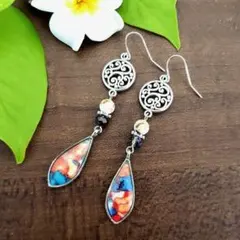 エスニックピアス オレンジ系＆ターコイズマーブルカラー ハンドメイドNo.314