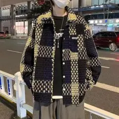 パッチワークジャケットモード系チェック柄アウターメンズストリート系カジュアルL