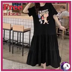 トムとジェリー Tシャツ ワンピース フリル ミドル丈 韓国 レディース 黒