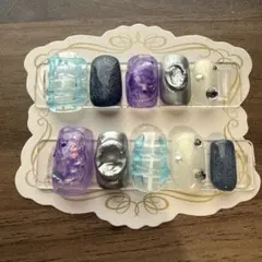 ニュアンス ぷっくり 青 推し活 シルバー チェック 個性派 宝石 ネイルチップ