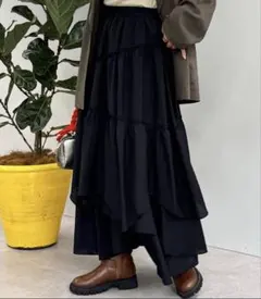 チャオパニック　黒 たっぷりレース　ティアードフレアスカート ロング