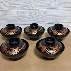【未使用】会津塗 吸物椀 5客セット 蘭 蒔絵 蓋付き 汁椀 伝統工芸 会津漆器のサムネイル