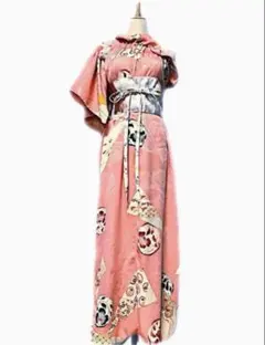 美　レトロ　中振袖　着物リメイクワンピース マキシドレス　ハーフ袖　衣装
