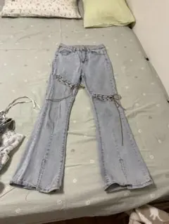 レースアップ デザイン デニム パンツ / スリット フレアジーンズのサムネイル