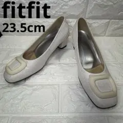 【未使用】fitfitスクエアトゥ バックル チャンキーヒール パンプス23.5