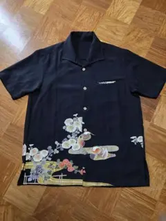 め0639着物リメイク正絹黒留袖江戸褄豊臣系五三桐百花菊アロハシャツ