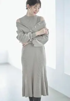 パール釦カーディガン×ノースリーブリブニットワンピースセット　グレージュ