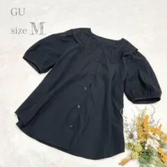 【ジーユー】GU レースカラーブラウス（5分袖） ボタン ブラック M ○