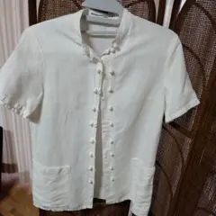 マドモアゼルノンノン　リネン　ブラウス　犬　猫　街並み　白　M 長袖　麻　日本製 マドモアゼルノンノンMademoiselle NON NON コットンロゴ刺繍ジップ