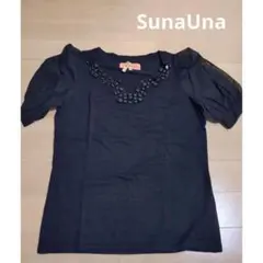SunaUna　黒 ビーズ パフスリーブトップス Mサイズ　キラキラのサムネイル