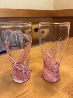 手描きピンク模様フレア型ガラスカップ