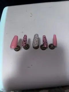 ネイルチップ 5個セット ピンク グリッター ヒョウ柄