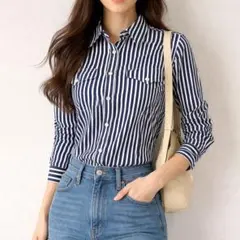 【美品】RALPH LAUREN ストライプシャツ ブラウス S ネイビー細見え