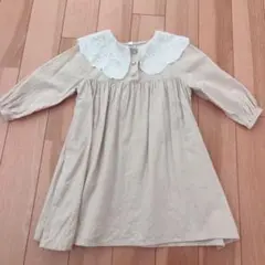 ベージュ 刺繍襟 ワンピース　長袖　100