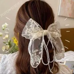 レース ビッグリボン パール バレッタ クリップ ヘアアクセサリー 韓国 量産型