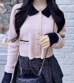 INGNI フェザー襟配色ニットカーディガン ピンク