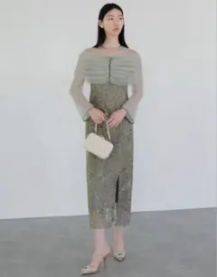 Leja グリーン パーティードレス チュールオフショルダー花柄Iライン