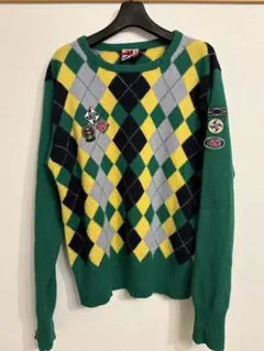 アーガイル柄 ニット セーター 個性派 ワッペン付き グリーン 古着
