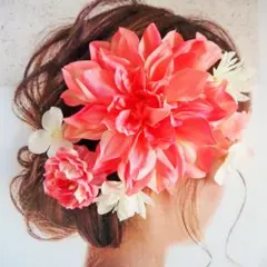 【U-3】ダリアとローズ花 ヘッドドレス 髪飾り ピンクレッド 結婚式成人式卒業