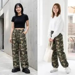 迷彩柄 カーゴパンツ ワイドパンツ ドローコード カモフラ レディース 軍パン