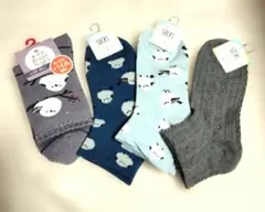 ソックス4足セット23−25cmシマエナガ柄、グレー地模様