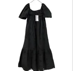 新品タグ付 ZARA ポプリンカットワーク刺繍ロングワンピース 黒 XS