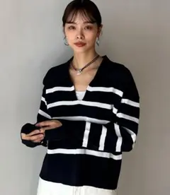 襟付き短丈ニット ストライプ Vネック ニットセーター