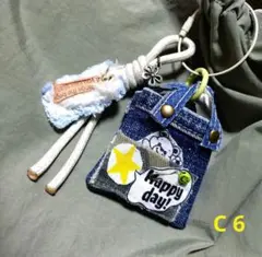 デニムミニバッグ 革 スマイル パラコード バックチャーム キーホルダー