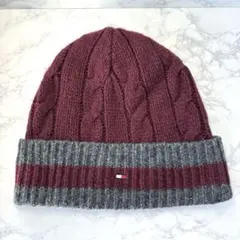 Tommy Hilfiger ケーブルニット帽 バーガンディ・グレー ビーニー