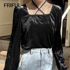 FRIFUL 女性用 黒無地 スクエアネック 長袖 カフス付き リボン襟 ベロア