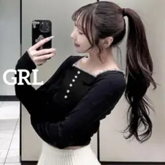 k0244 GRL ヘンリーネックレースリブトップス ブラックのサムネイル
