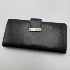 GUCCI シマ ゴールドプレート ブラック レザー メンズ 長財布