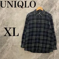 【美品】UNIQLO メンズ ネルシャツ XL ネイビー グリーン チェック