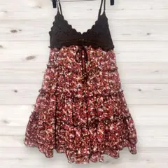 イング 花柄 キャミ　チュニック　M ブラウン ニット ティアード シフォンのサムネイル