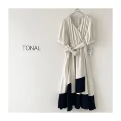 TONAL バイカラーカシュクールクロスベルトワンピース 半袖ワンピース 美品