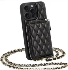 【iPhone14Plus】キルティング黒　ショルダー付き iPhoneケース♡