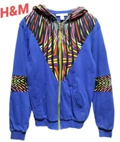 H&M フード付きパーカー マルチカラー 幾何学模様 青