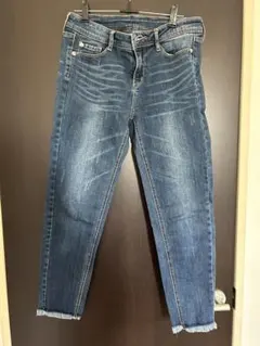 スキニーデニム ダークブルー フリンジ裾